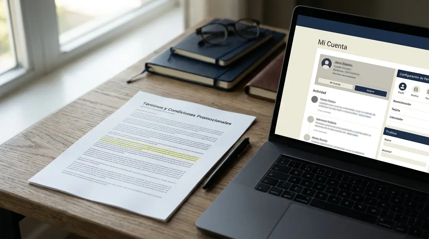 Documento promocional neutro y una cartera digital sin marcas identificables
