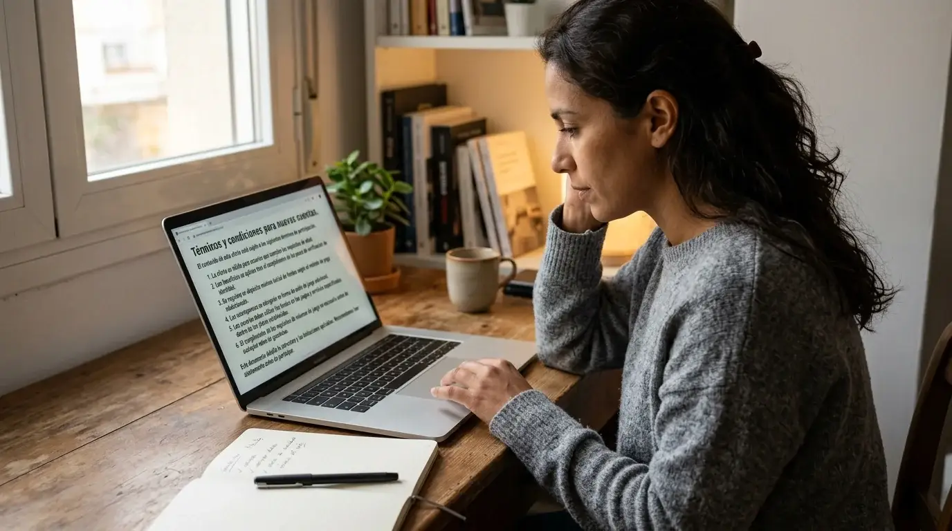 Persona leyendo condiciones de una promoción junto a una libreta sin cifras publicitarias