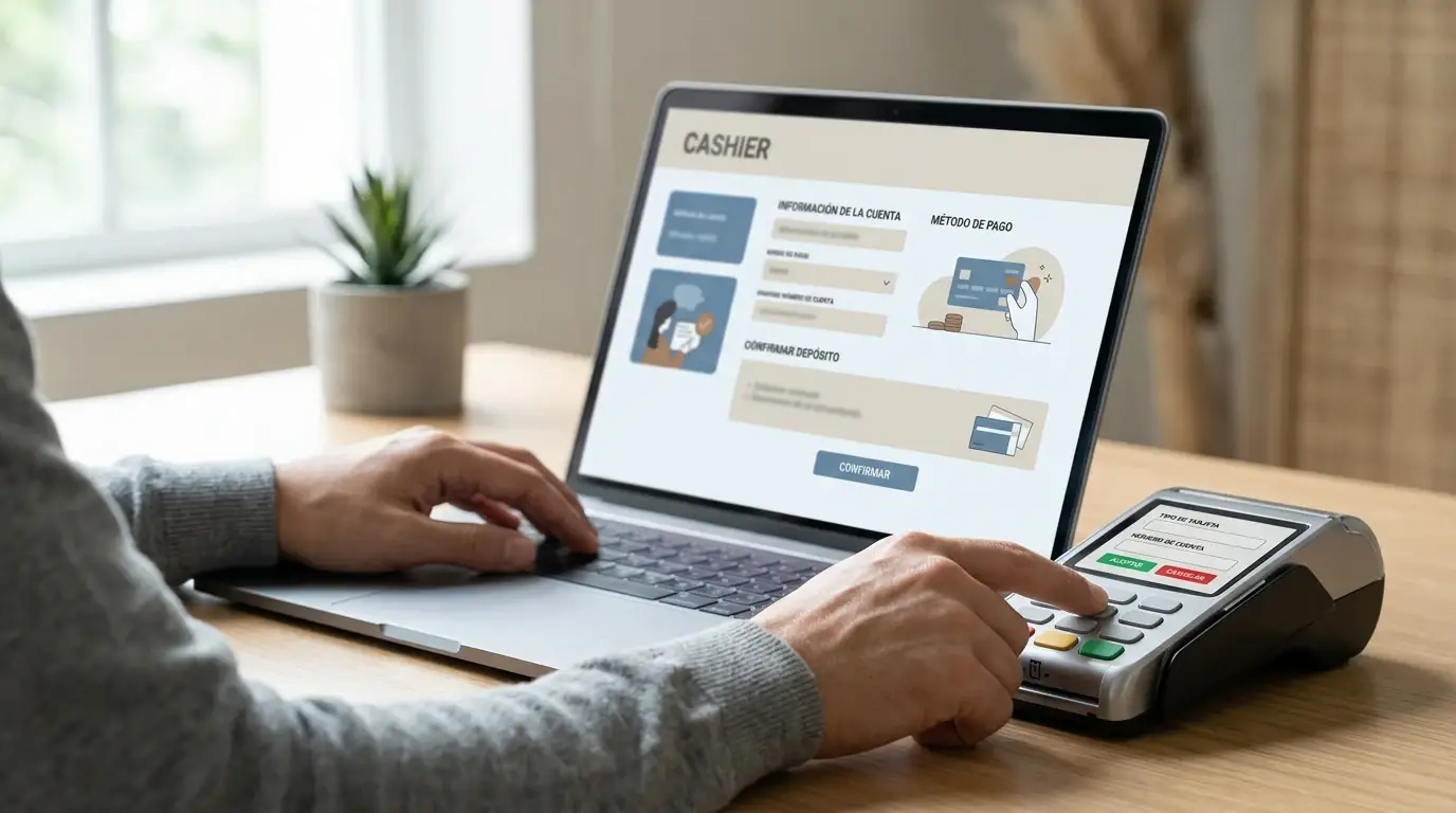 Cajero de casino neutro con opciones de depósito en criptomoneda