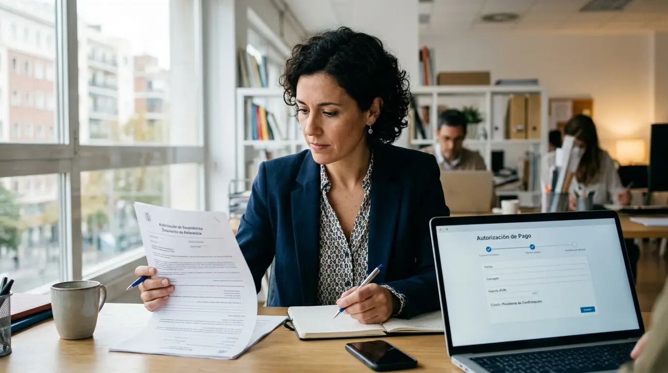 Persona revisando un documento de autorización y una pantalla de pagos sin logotipos