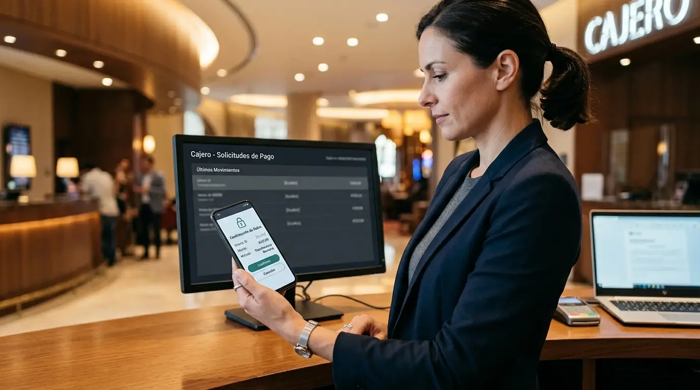 Persona usando un teléfono para revisar un cajero de casino, interfaz neutral sin marcas