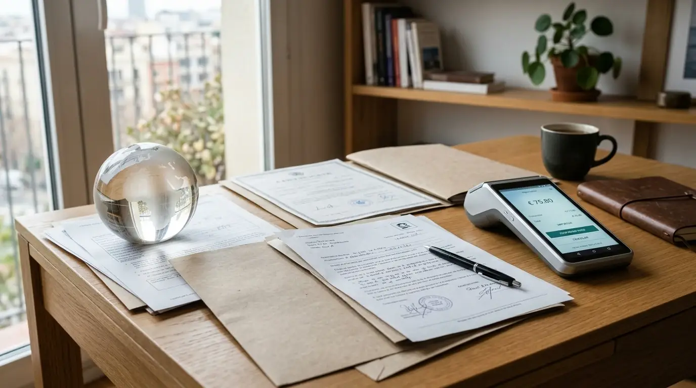 Escritorio con documentos de licencia internacional y una interfaz de pagos sin logotipos