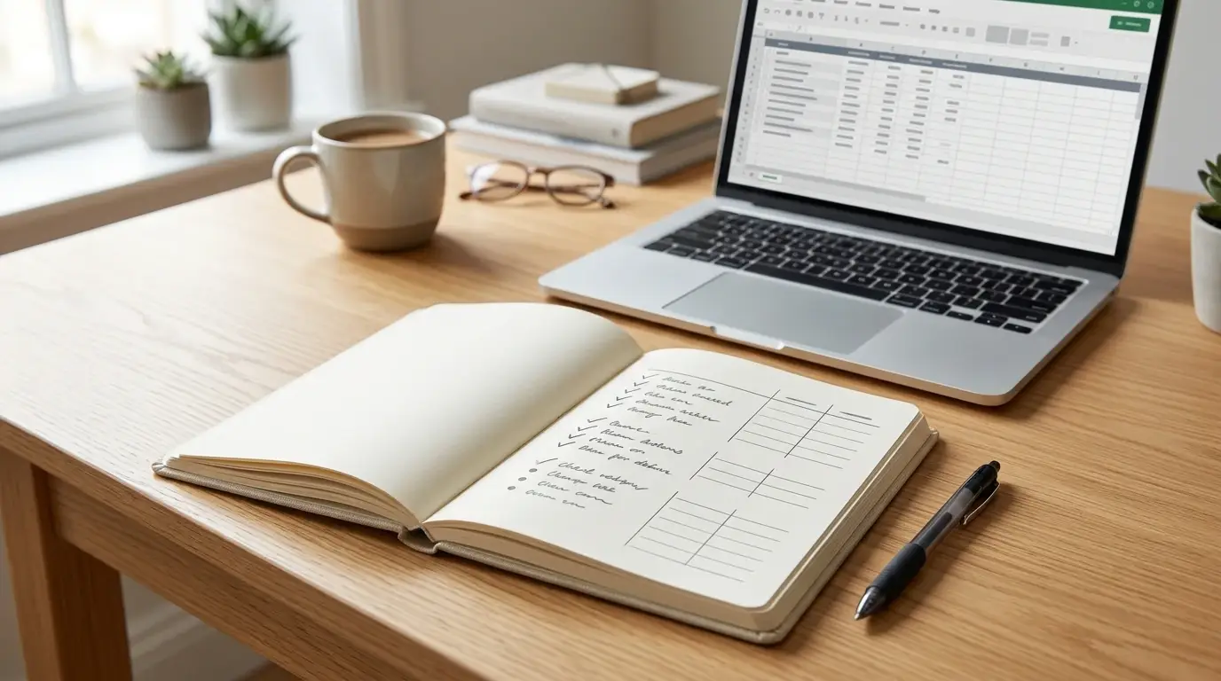 Cuaderno con criterios de comparación y una pluma junto a una pantalla sin marca