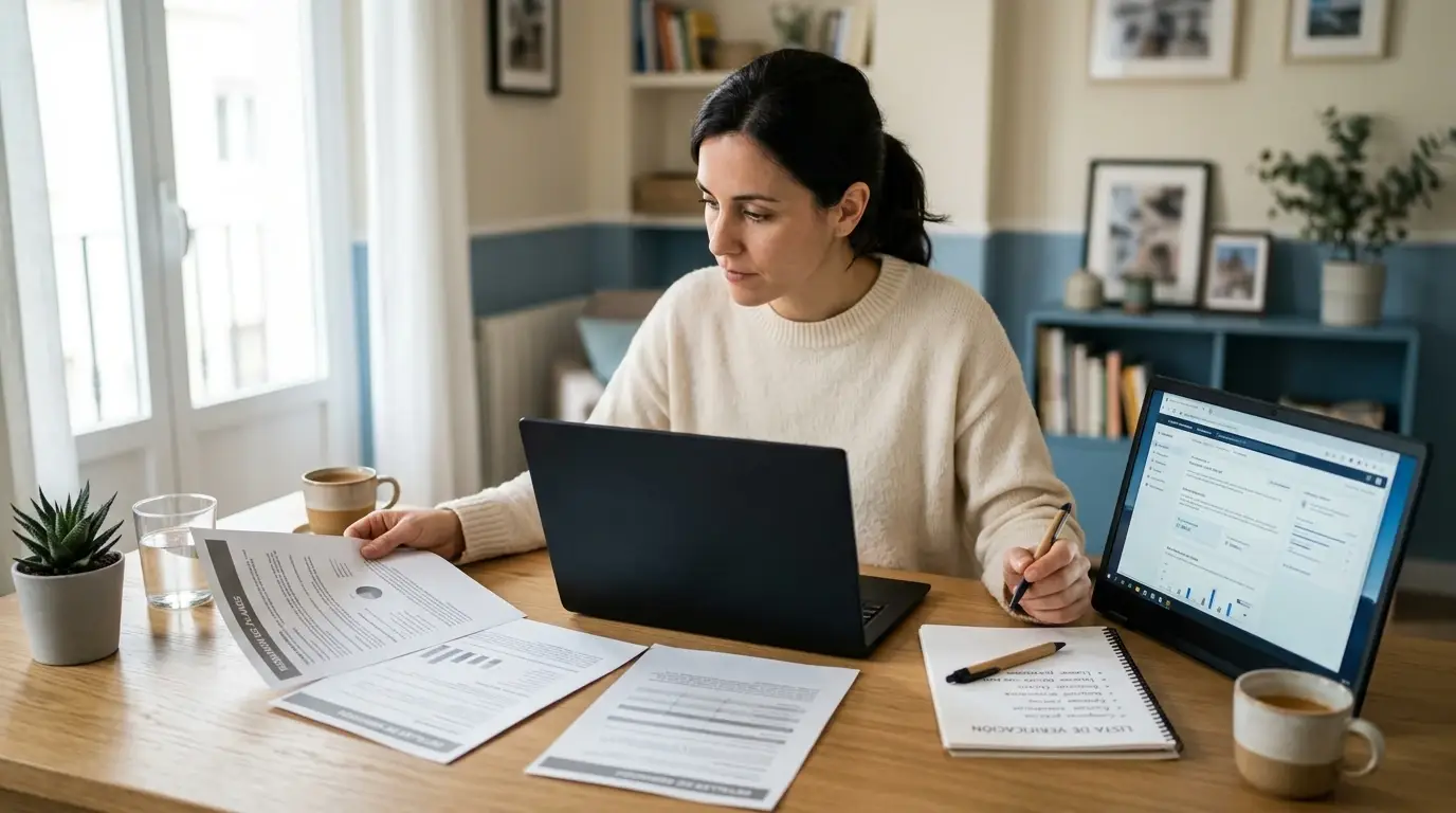 Mesa de trabajo con varias fichas de operadores sin logotipos y una lista de comprobación