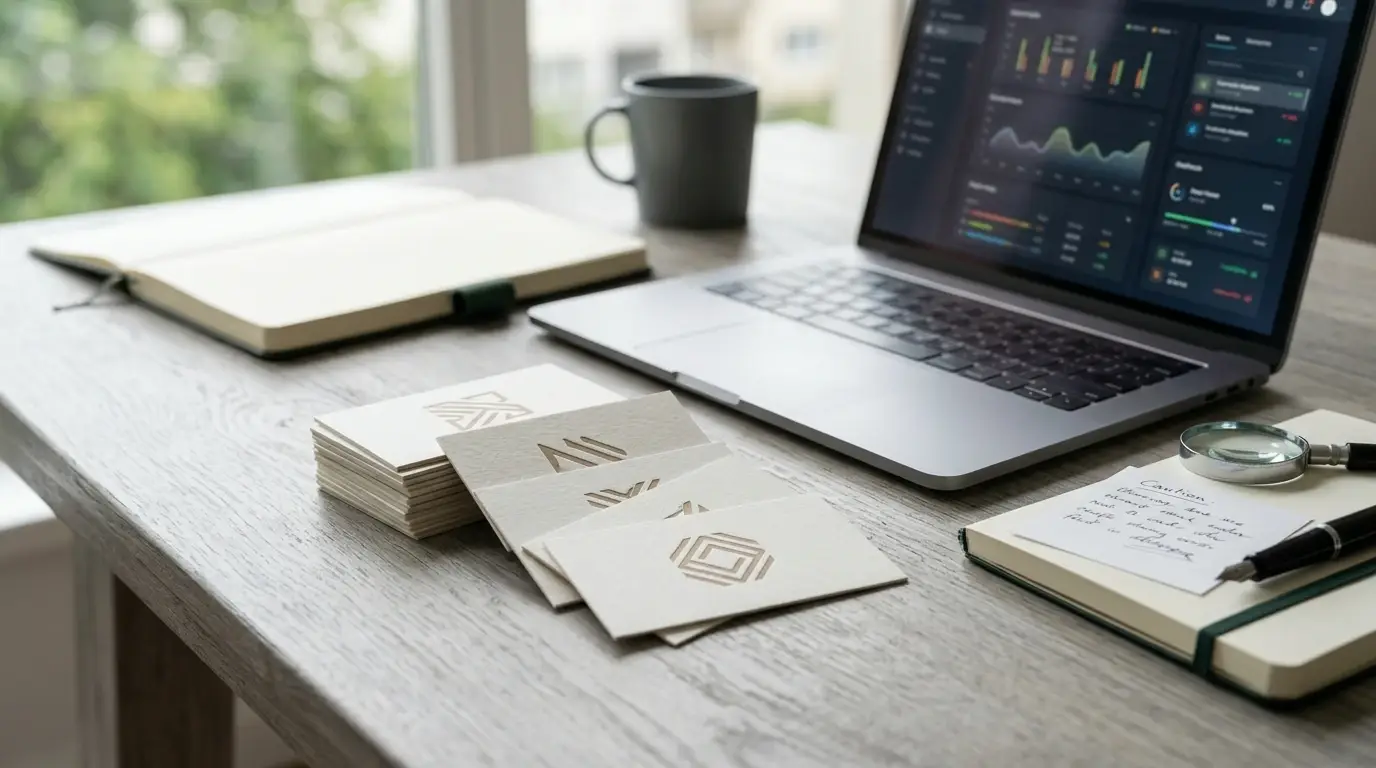 Mesa de trabajo con diez fichas neutras de operadores y una señal de revisión