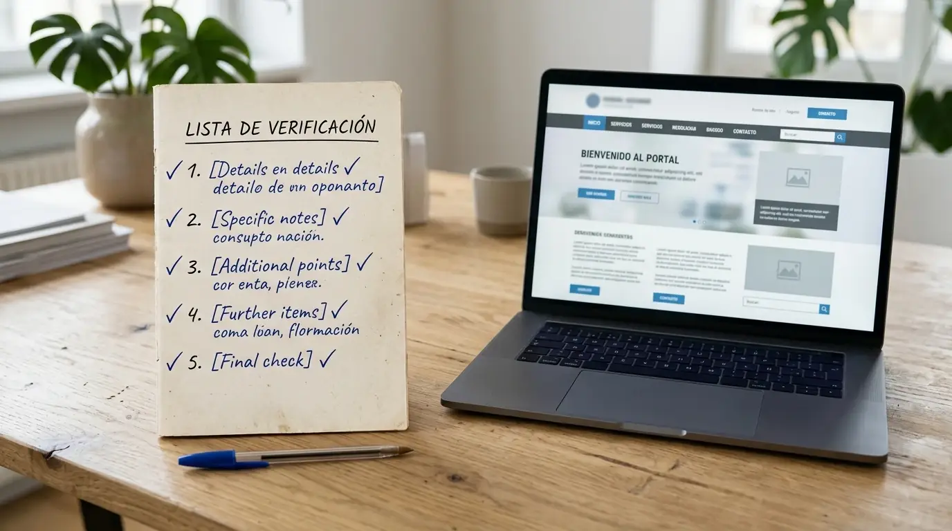 Lista manuscrita de comprobaciones junto a un portátil sin marcas