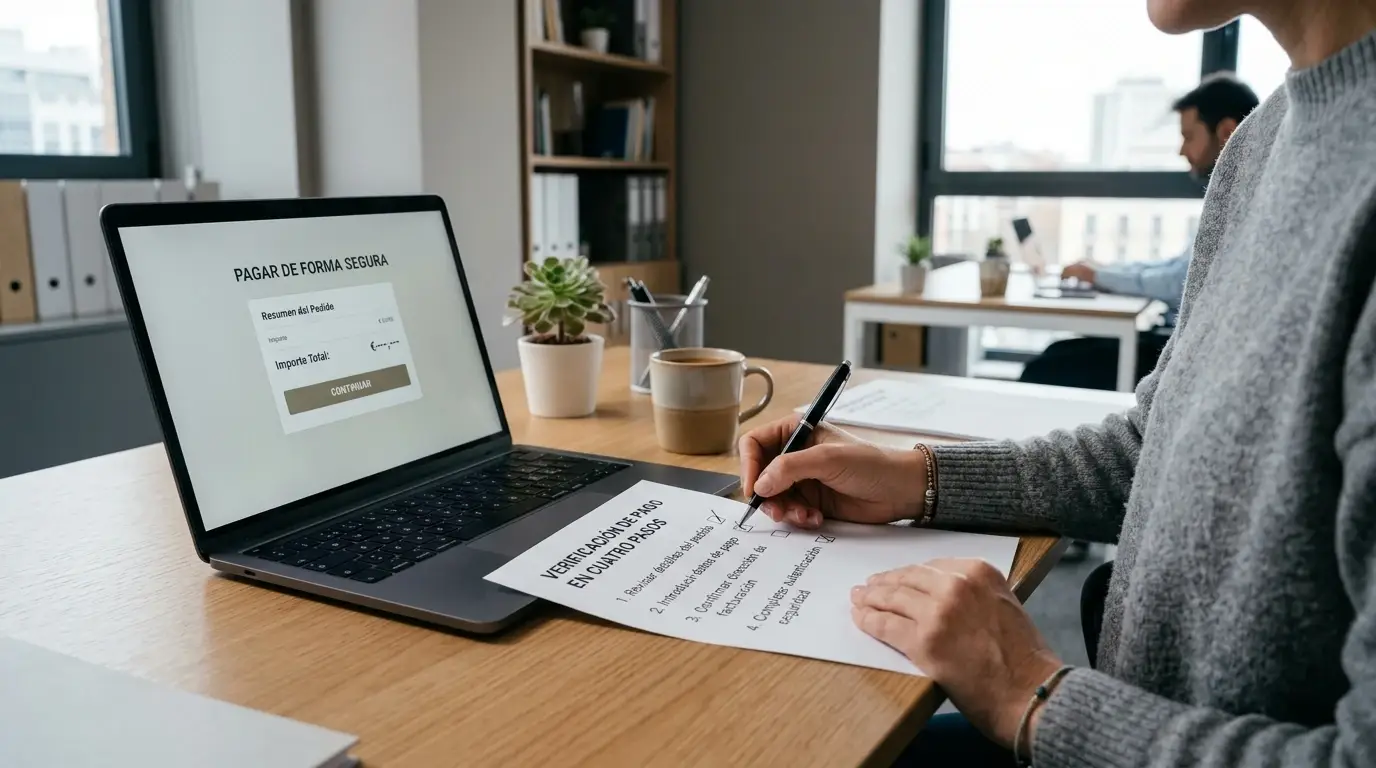 Lista de comprobación con dominio español, registro y caja de pagos en una pantalla neutra