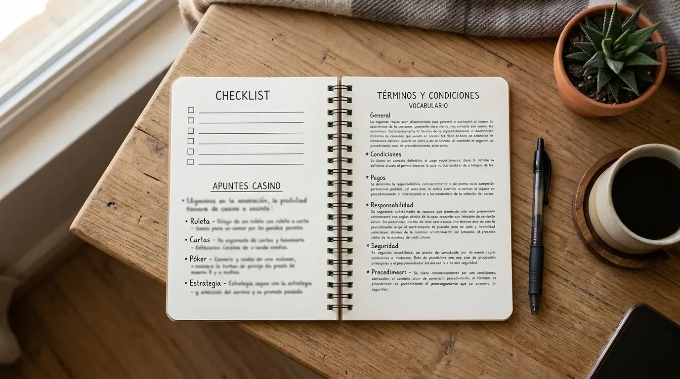 Cuaderno con una lista de comprobación para revisar condiciones de un casino