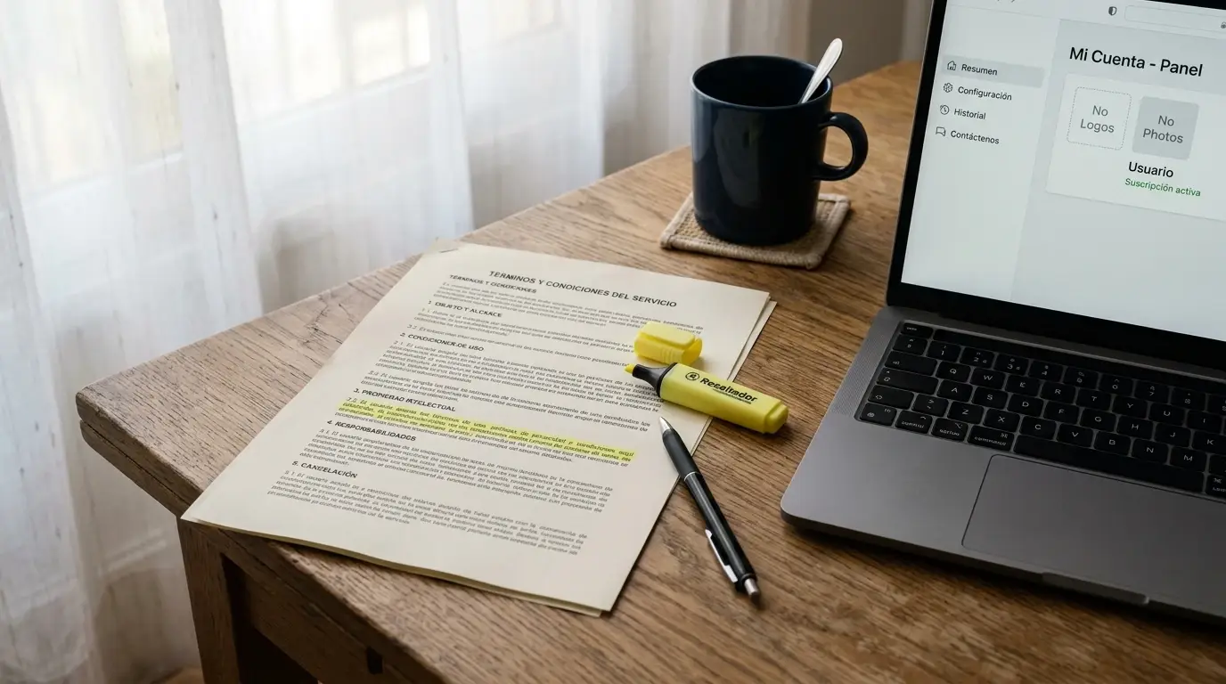 Persona leyendo condiciones promocionales en una pantalla neutra junto a un cuaderno