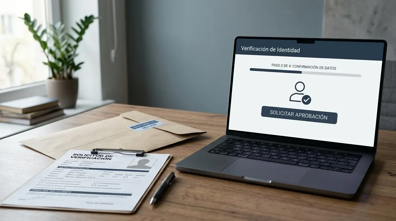 Escritorio sobrio con contrato, sobre de documentos y pantalla neutral de verificación