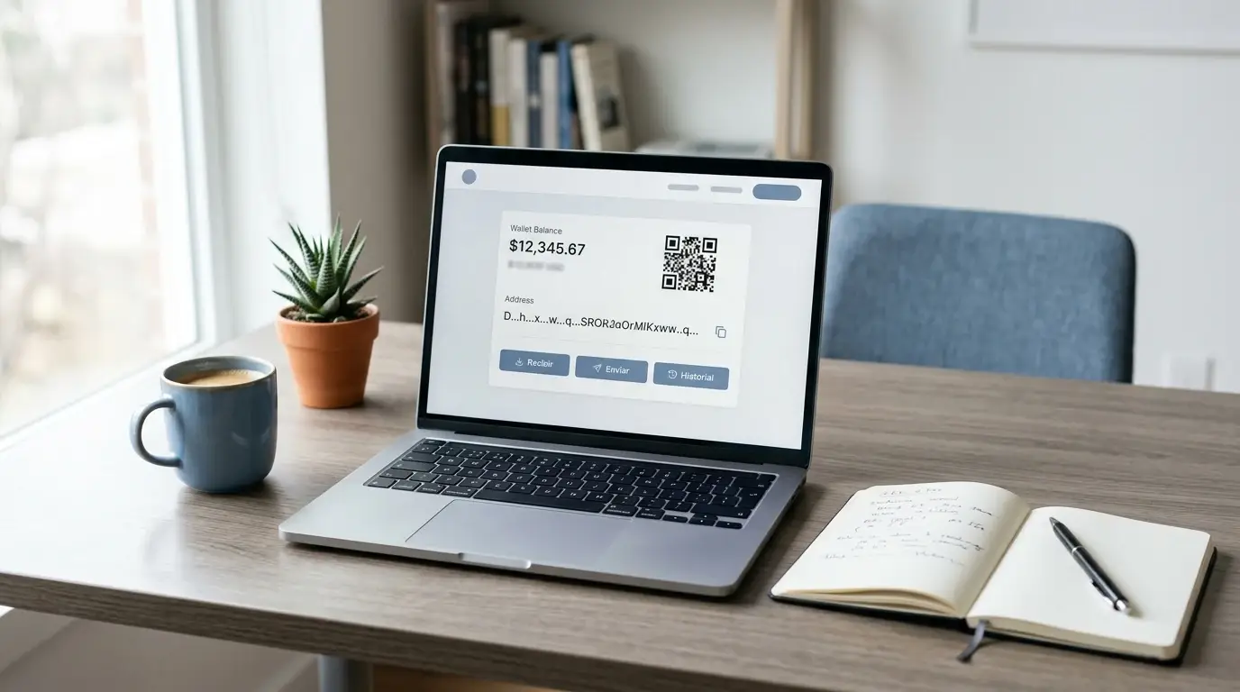 Persona comprobando una dirección de Dogecoin en teléfono y ordenador