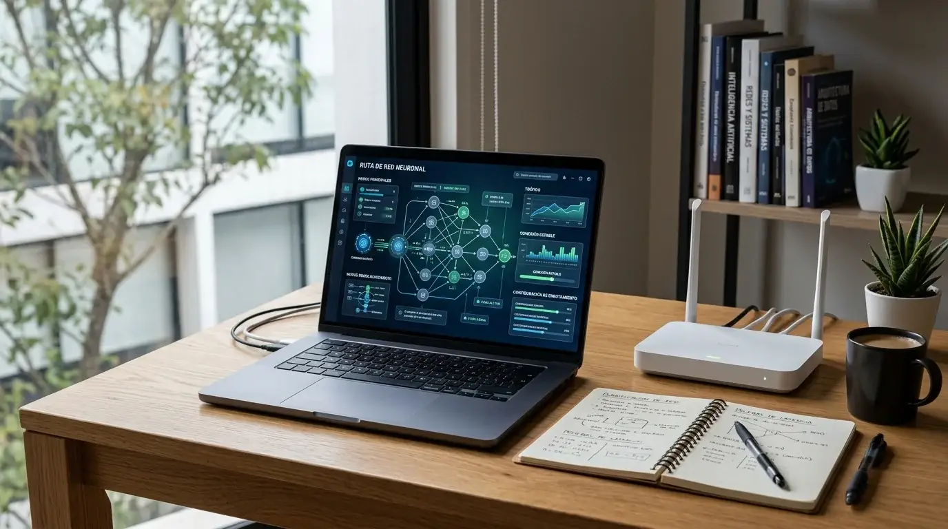 Servidor VPN cercano y conexión estable representados en una oficina sobria