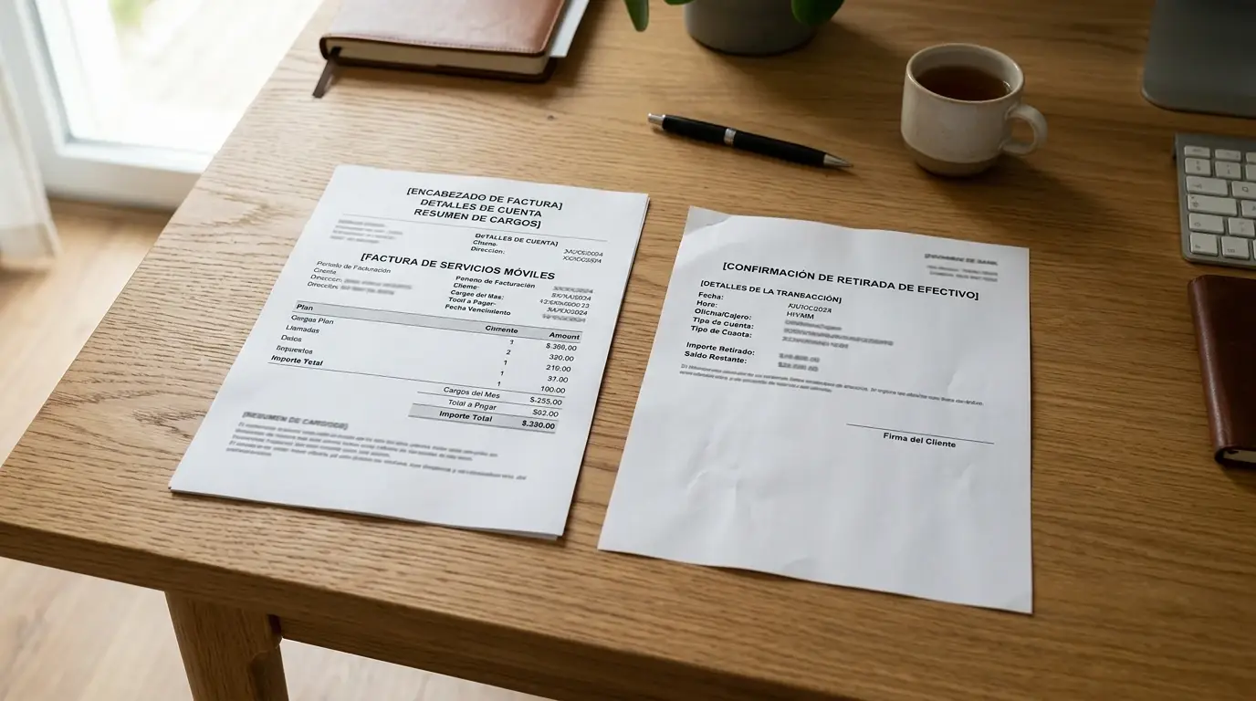 Factura móvil neutra y comprobante de retirada sobre una mesa ordenada