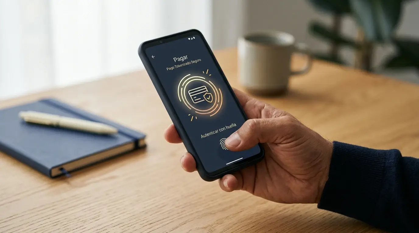 Teléfono Android junto a una billetera digital y una pantalla de pago neutra