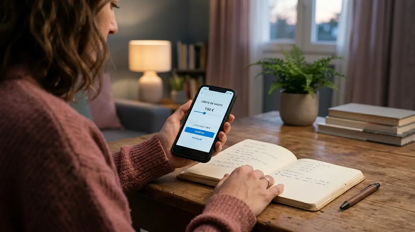 Teléfono junto a una libreta con límites personales y opciones de juego responsable