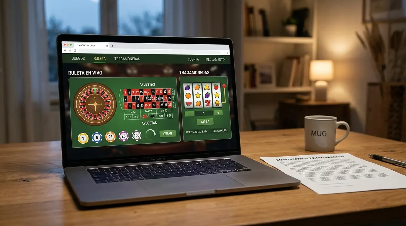 Pantalla neutra con ruleta y tragaperras genéricas junto a condiciones de un bono