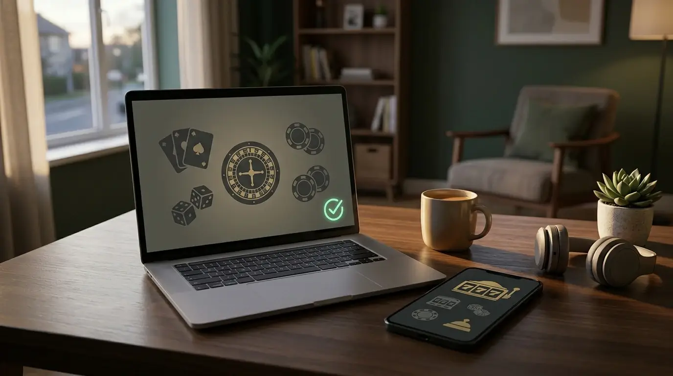 Ordenador portátil y teléfono con juegos de casino representados sin marcas