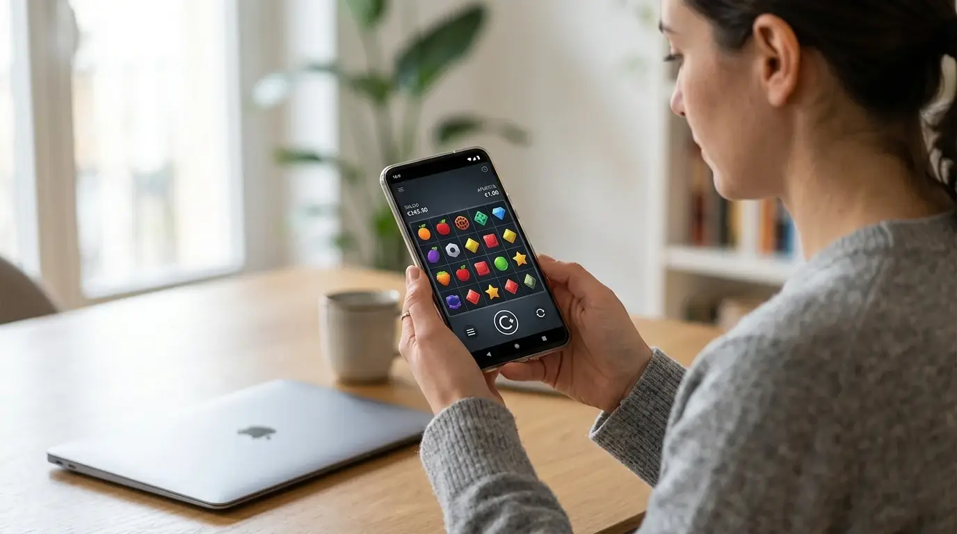 Pantalla neutral con tragaperras y juegos de mesa sin marcas reconocibles