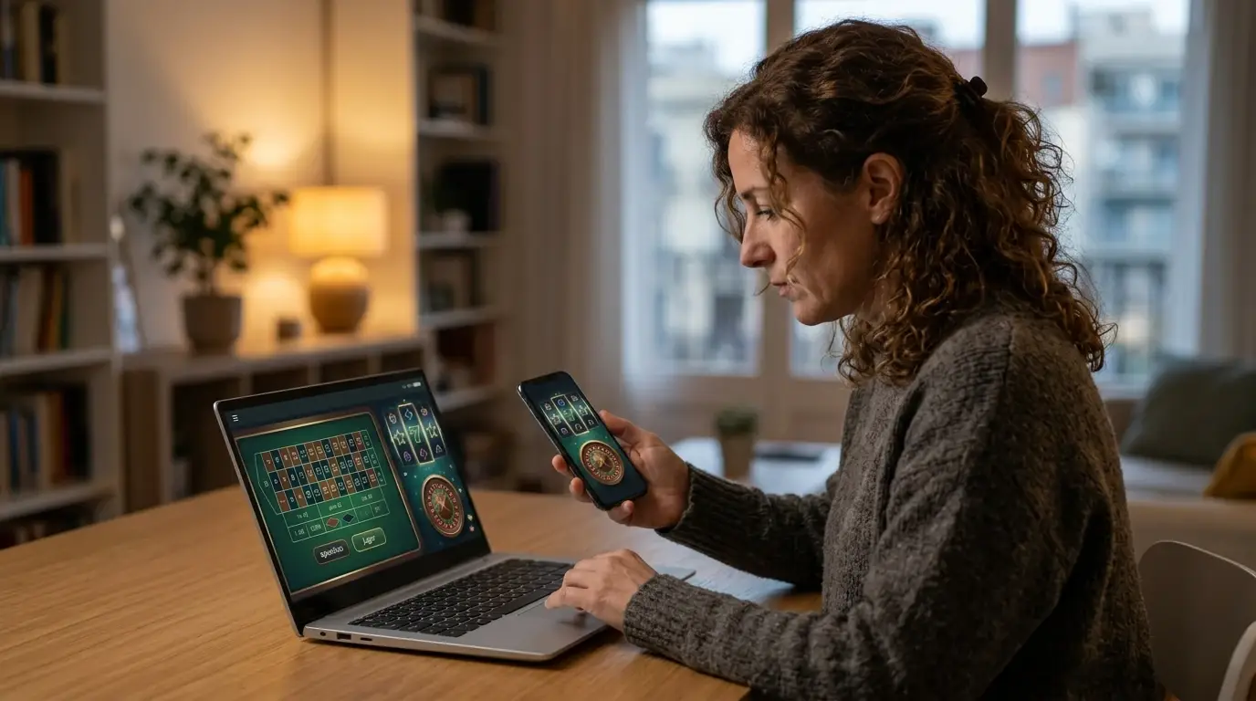Teléfono y portátil mostrando juegos de casino genéricos sin marcas ni rostros identificables