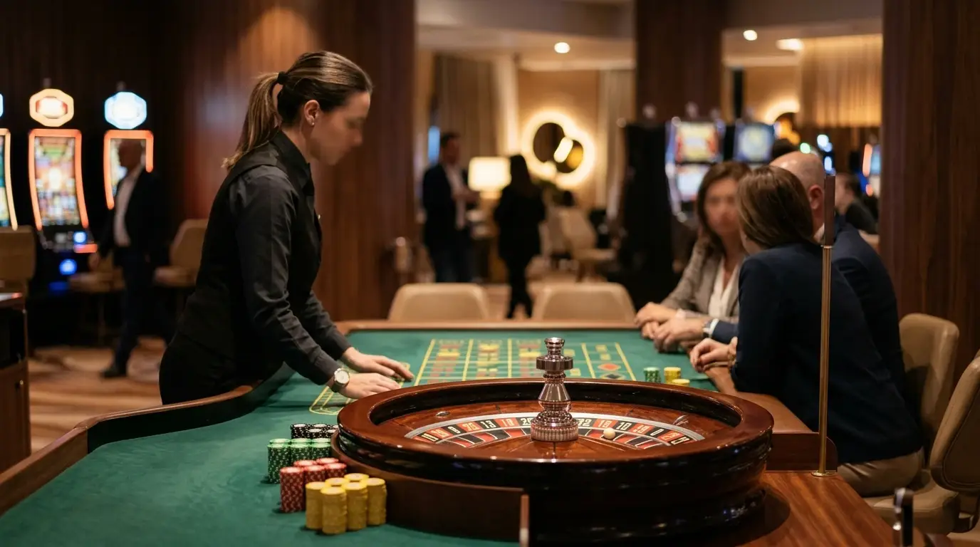 Mesa de juego sobria con ruleta y tragaperras genéricas, sin marcas ni rostros reconocibles