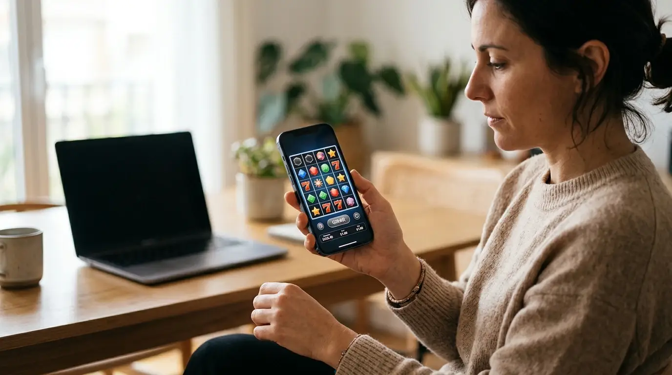 Pantalla neutral con símbolos de juegos de casino y una cartera digital sin logotipos