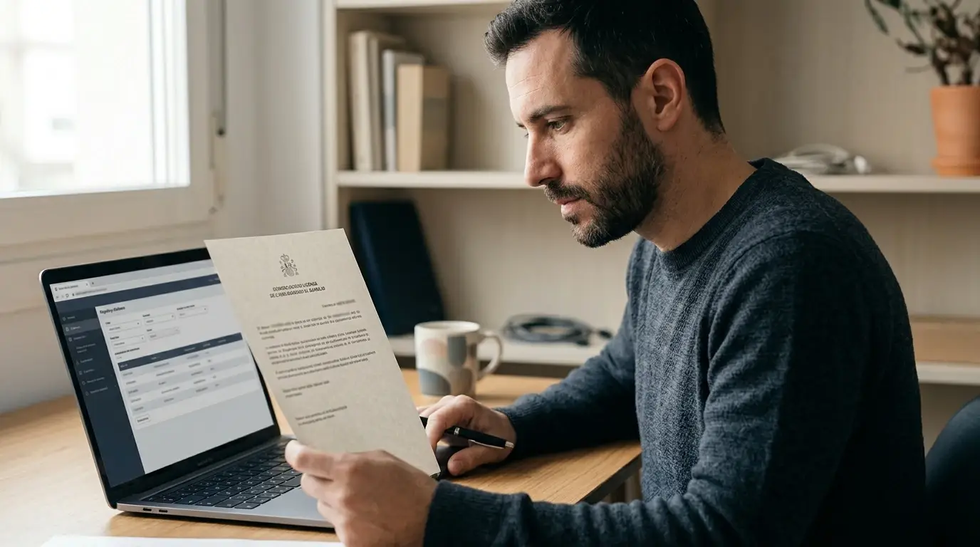 Persona comprobando un documento de licencia y una pantalla segura de pagos en una oficina tranquila