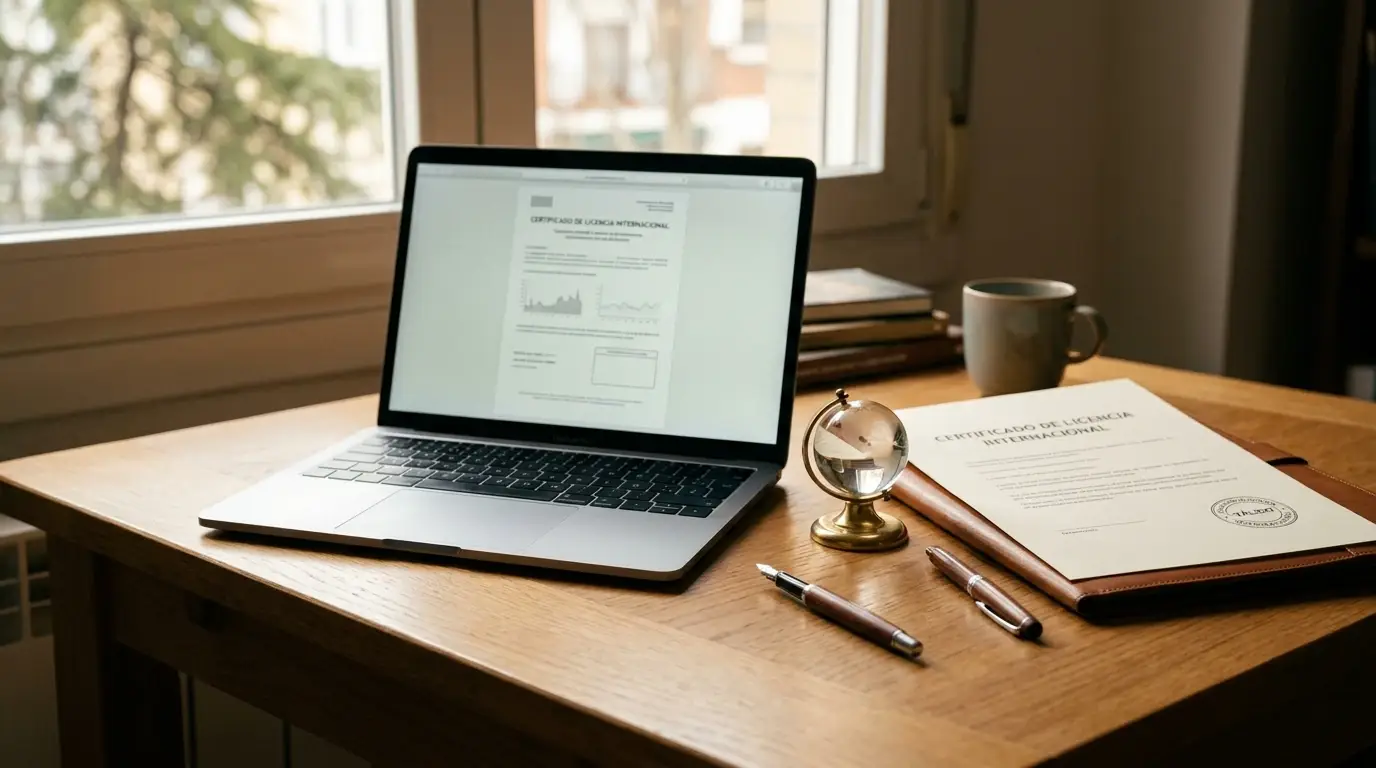 Escritorio con contrato de licencia internacional y portátil sin logotipos