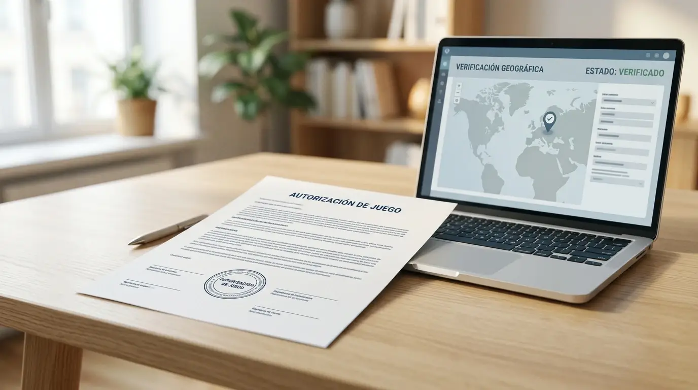 Documento neutro de autorización junto a una pantalla de comprobación territorial