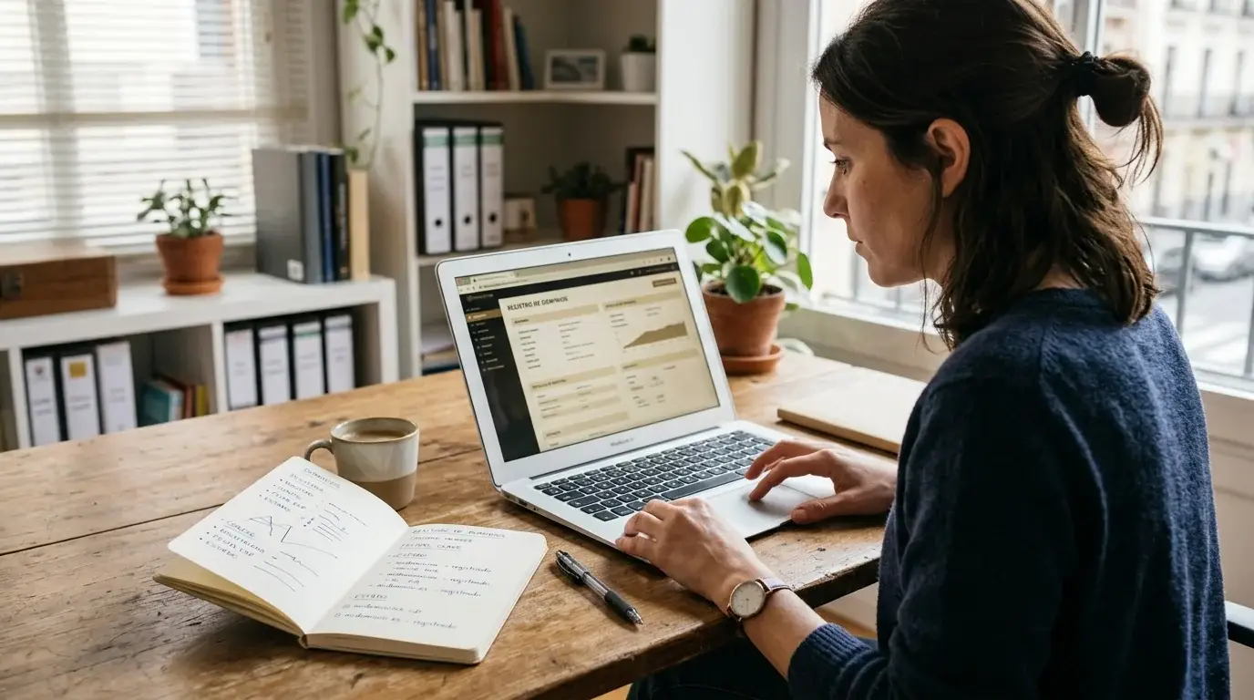 Persona comparando una razón social con una dirección web en un documento neutral