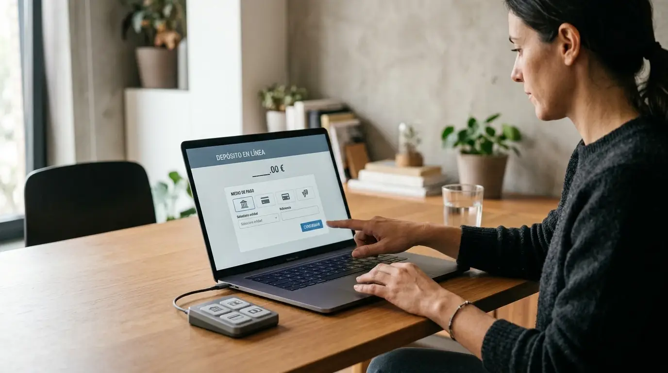 Manos anotando límites de depósito junto a un teléfono con una aplicación de pagos neutra