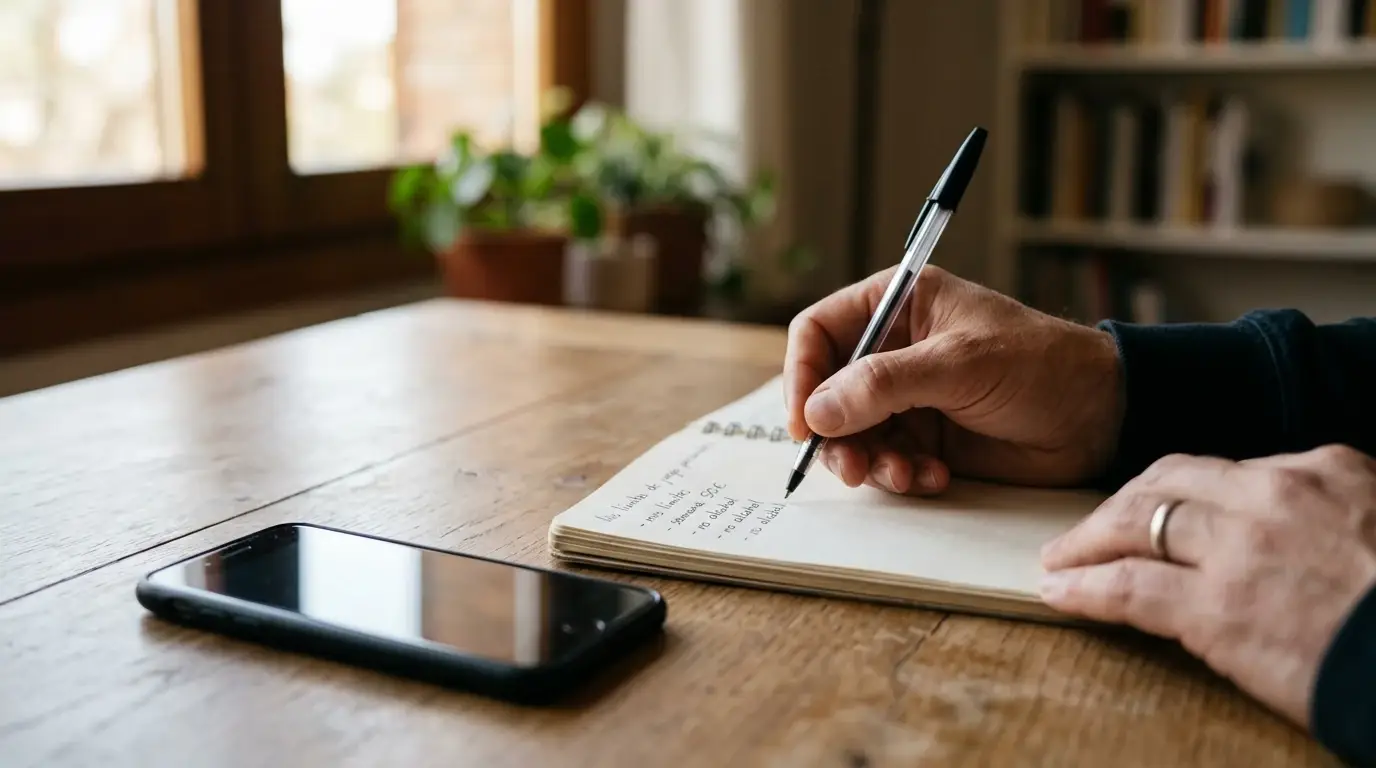 Persona anotando límites de juego en una libreta junto a un teléfono apagado