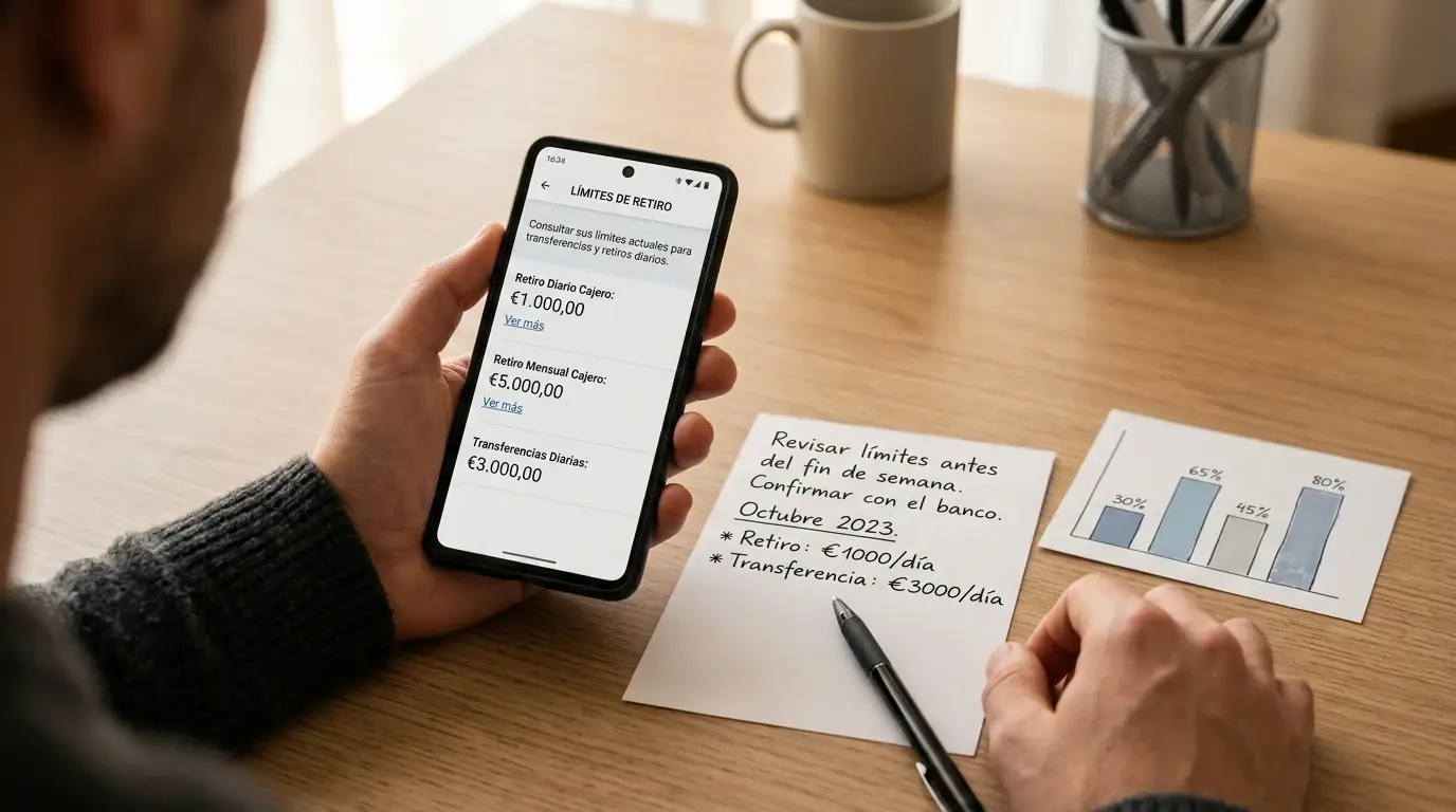 Persona comprobando importes y límites de una retirada en una pantalla neutra