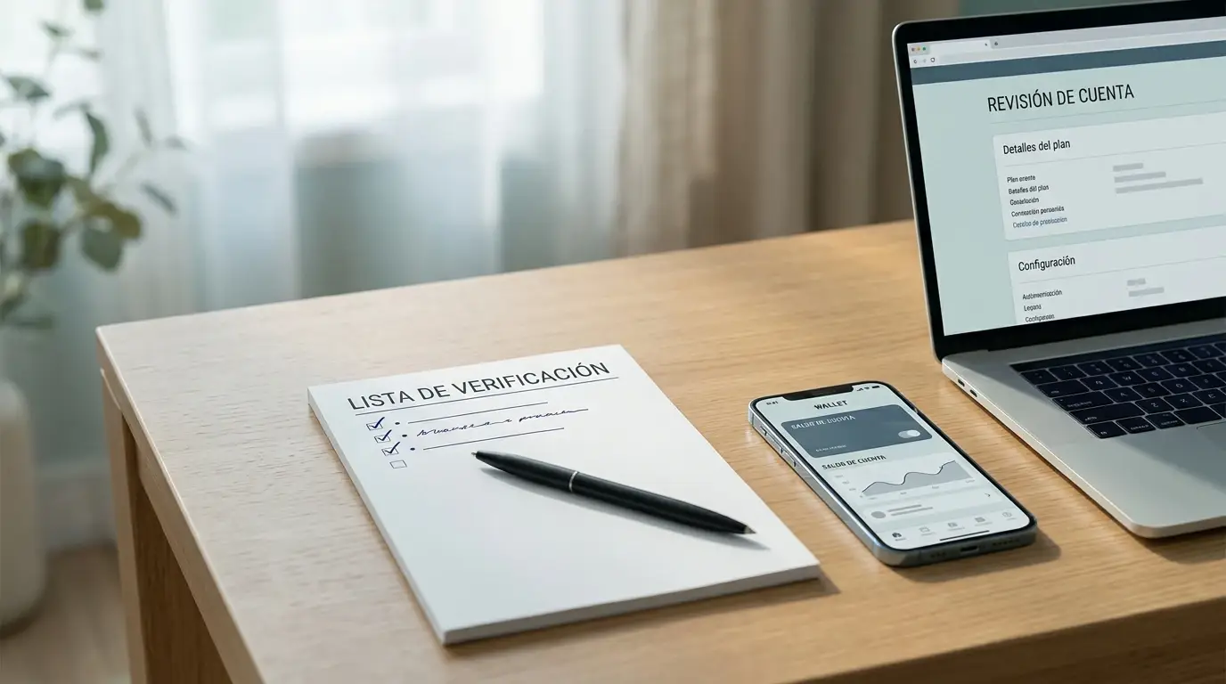 Escritorio ordenado con lista de comprobación y billetera digital sin marcas