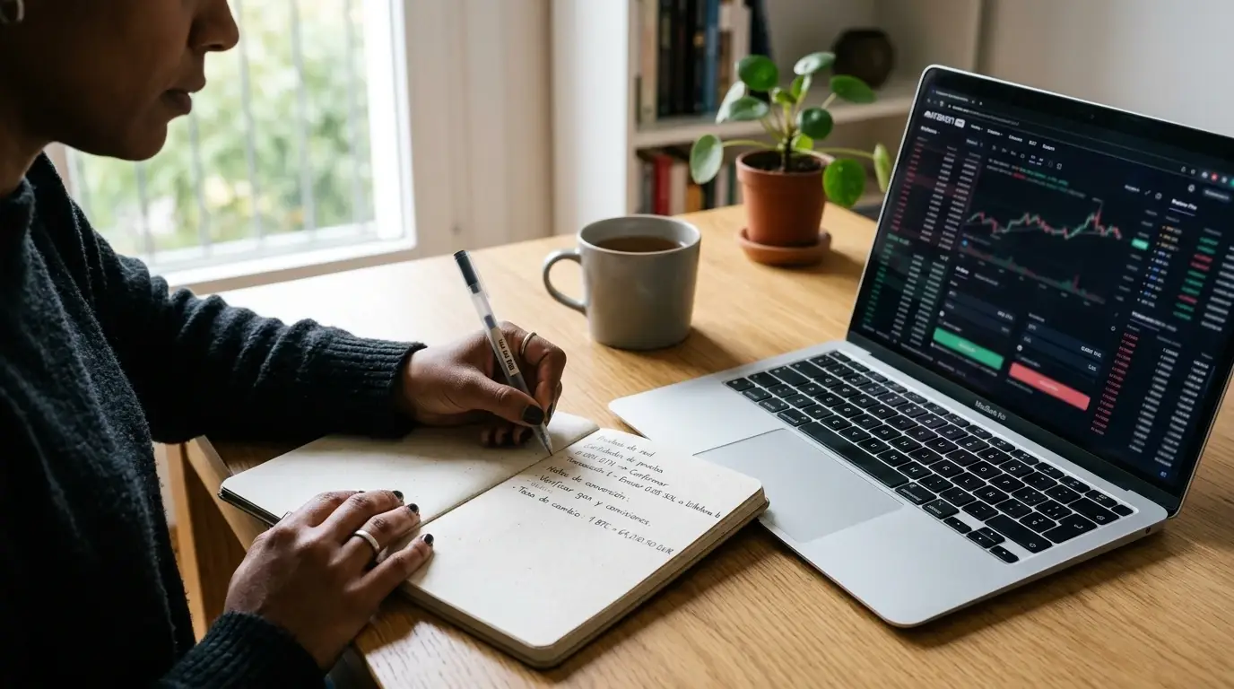 Persona anotando importes pequeños y cotización de Litecoin en un cuaderno junto a un portátil