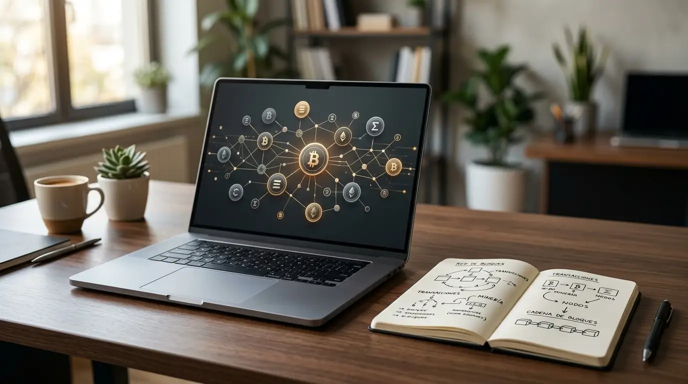 Varias monedas digitales abstractas junto a una pantalla que muestra redes compatibles