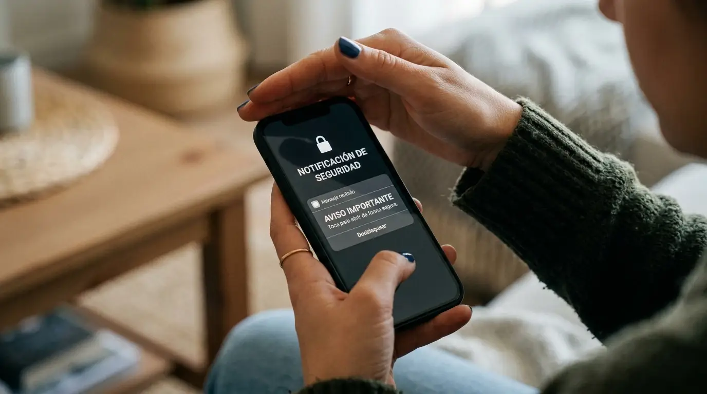 Móvil con mensaje de cobro y persona protegiendo los datos de acceso