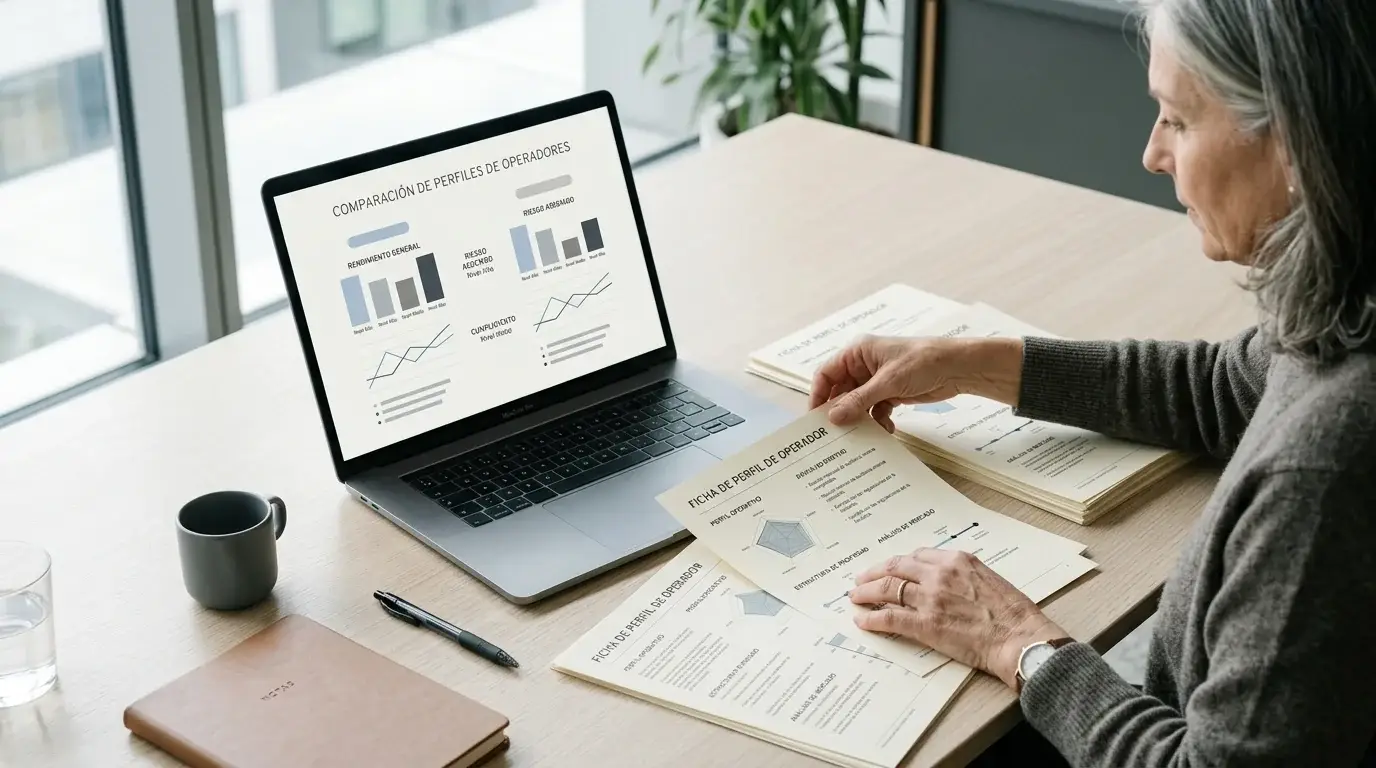 Mesa de trabajo con fichas de operadores y criterios de comparación