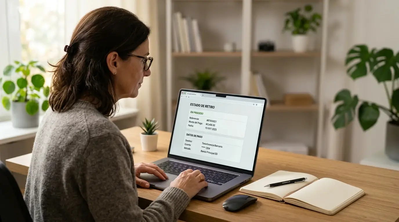 Persona revisando una cartera digital y una solicitud de retirada en un móvil