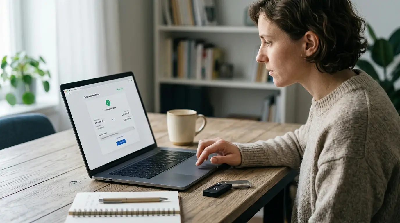 Persona comprobando una dirección de cartera digital antes de confirmar una transferencia