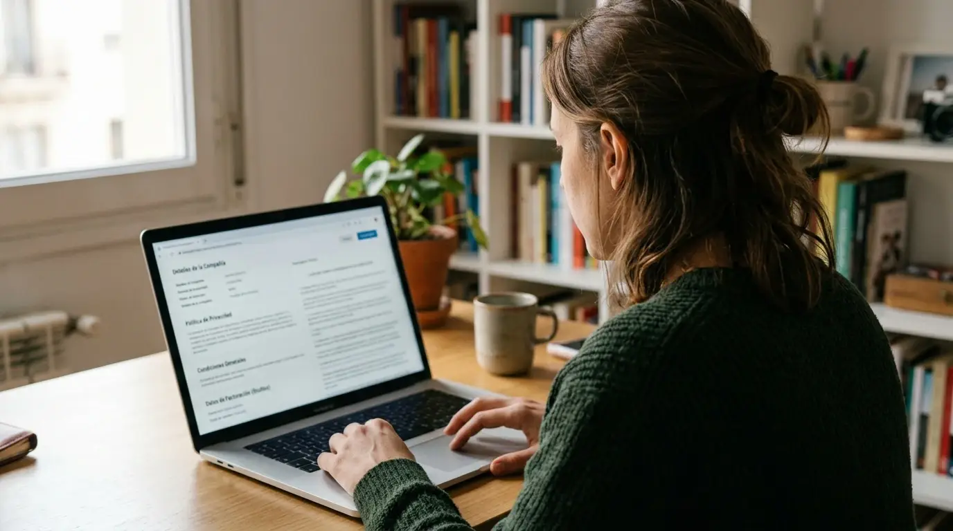 Persona comprobando datos de empresa y privacidad antes de crear una cuenta