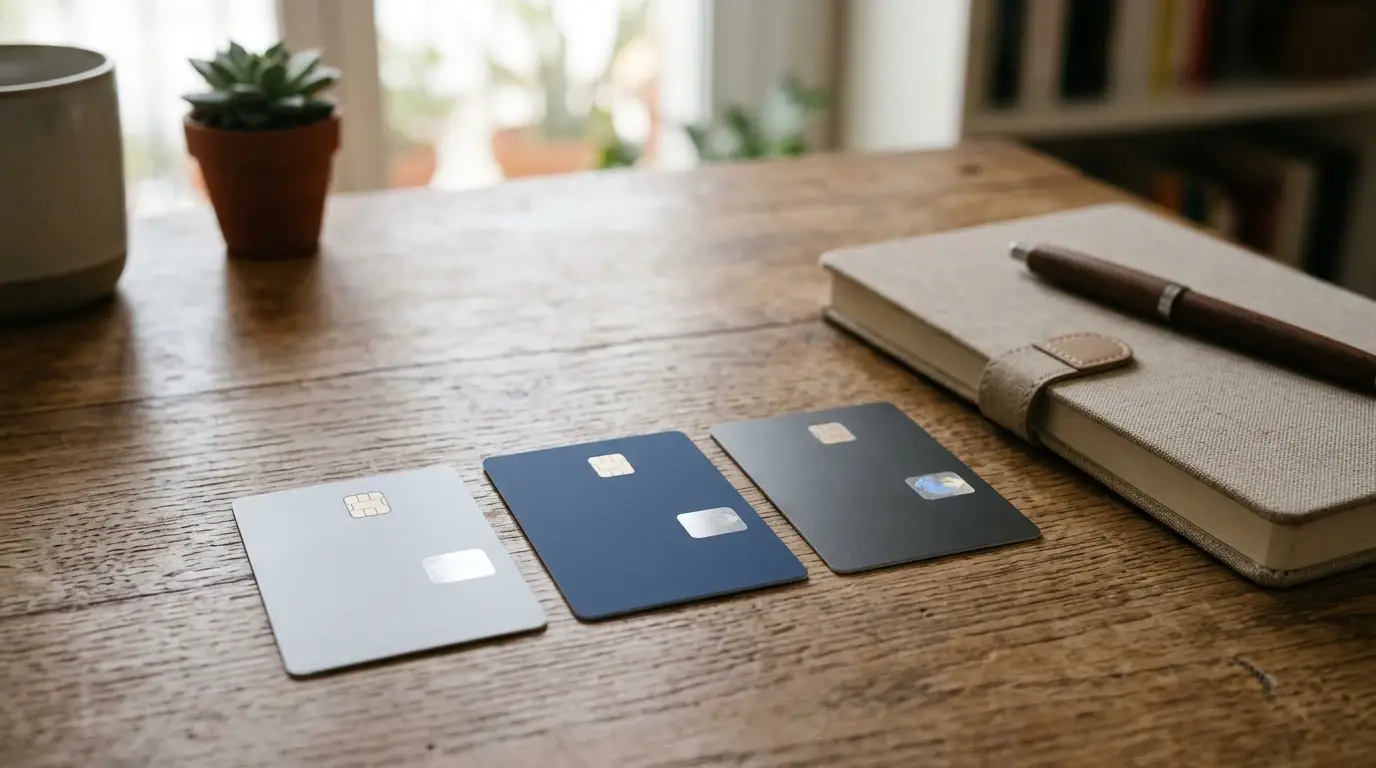 Tres tipos de tarjeta sin marcas sobre una mesa de trabajo ordenada
