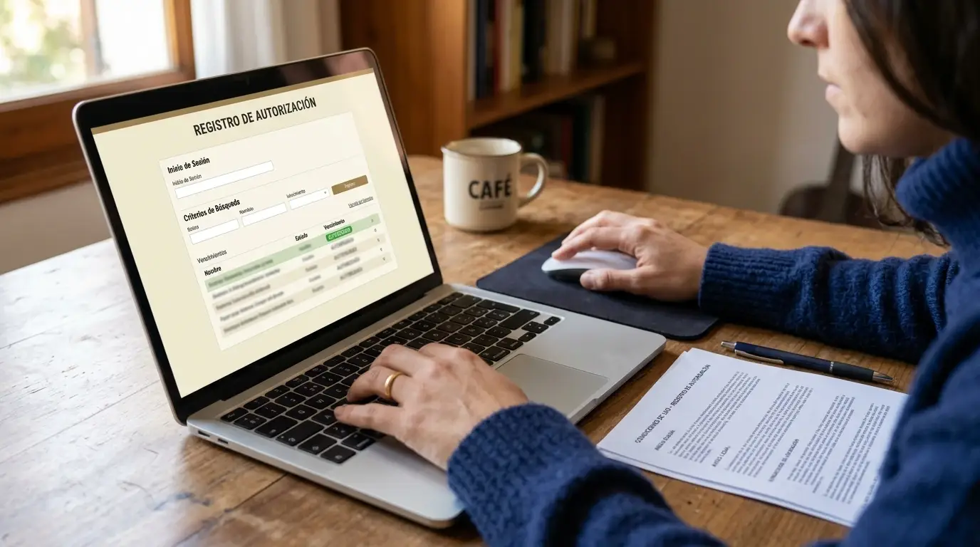 Persona revisando un registro de autorización en una pantalla sin marcas
